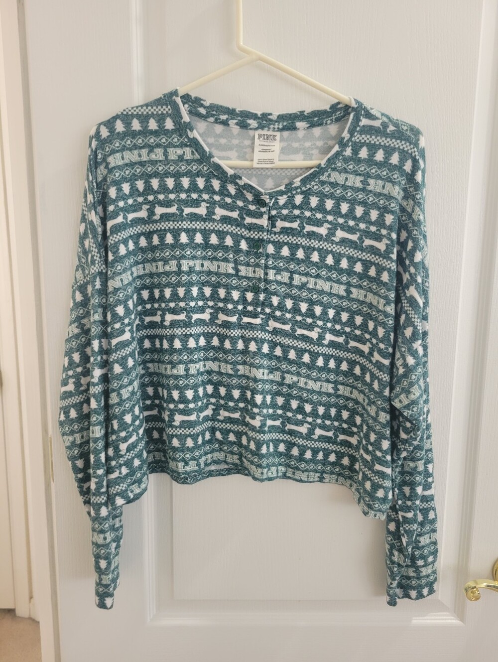 VS PINK Crop Thermal Pajama Top Womens XL Green Holiday Fair Isle Dog Christmas